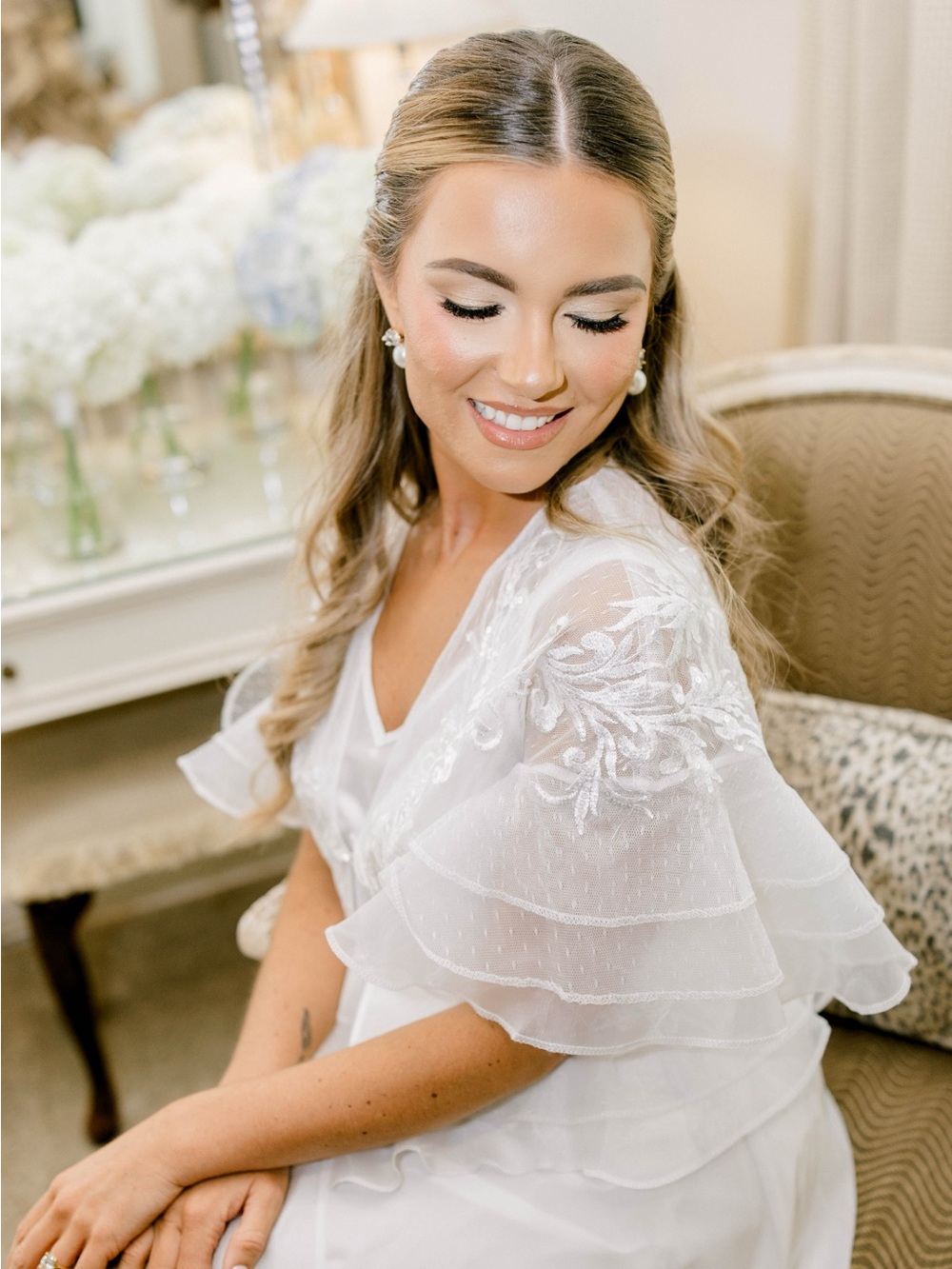 Sheer Embroidered White Bridal Robe with Tiered Flutter Sleeves